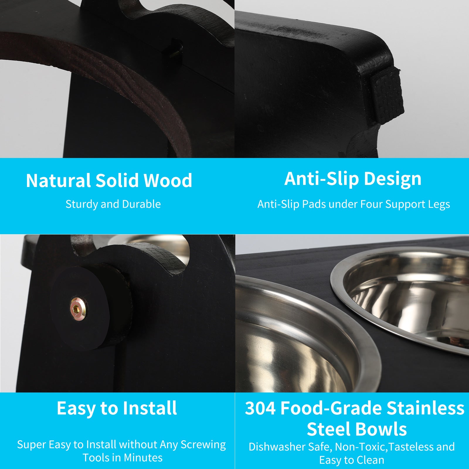 Elevated dog bowls made of solid wood and stainless steel, adjustable heights for medium to large dogs, promoting healthy eating.