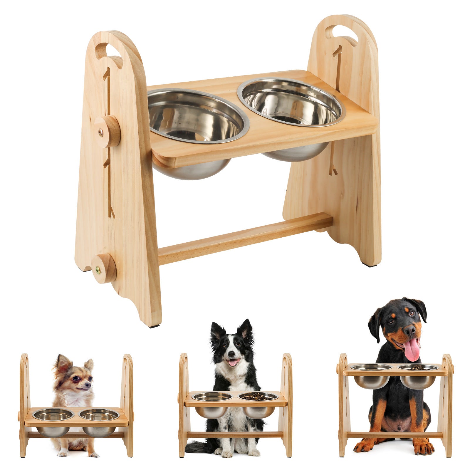 Elevated dog bowls made of solid wood and stainless steel, adjustable heights for medium to large dogs, promoting healthy eating.