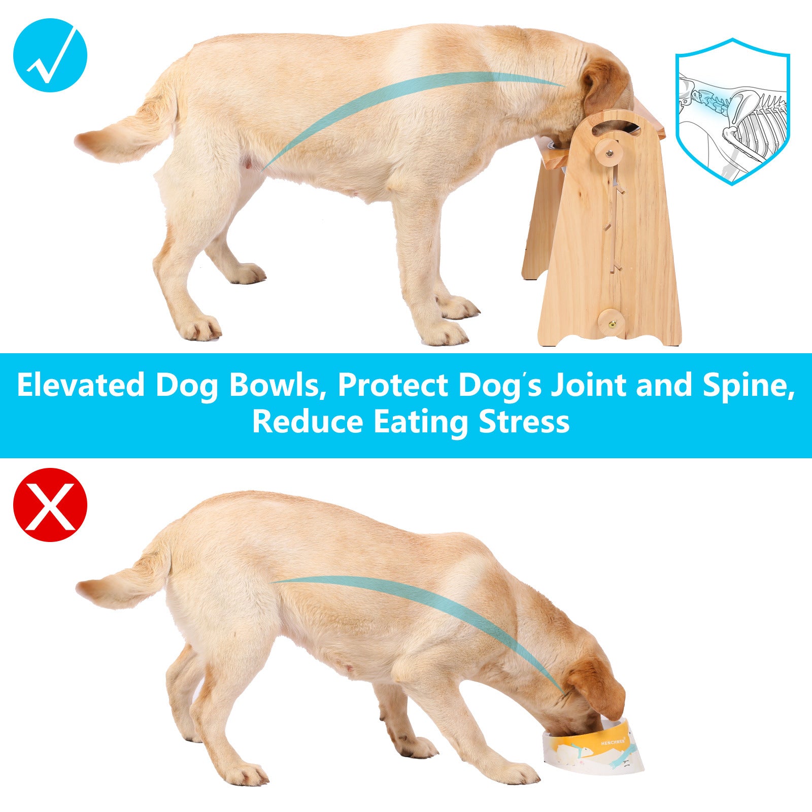 Elevated dog bowls made of solid wood and stainless steel, adjustable heights for medium to large dogs, promoting healthy eating.