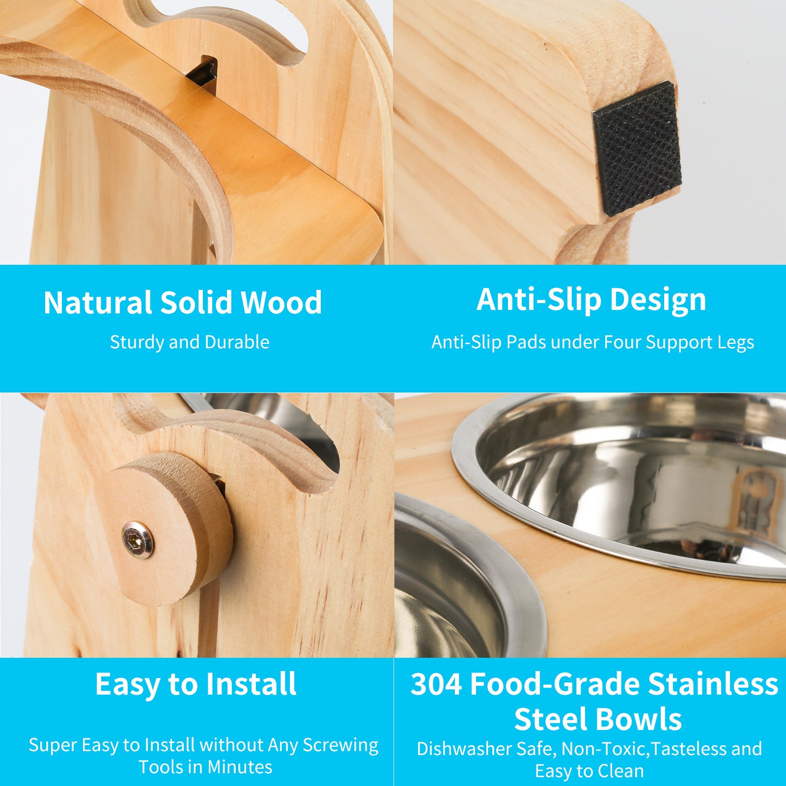 Elevated dog bowls made of solid wood and stainless steel, adjustable heights for medium to large dogs, promoting healthy eating.