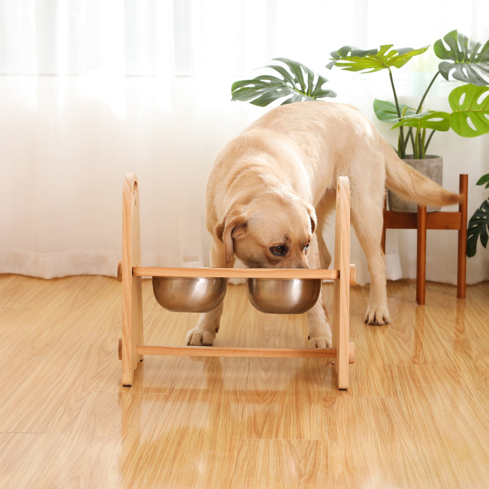 Elevated dog bowls made of solid wood and stainless steel, adjustable heights for medium to large dogs, promoting healthy eating.