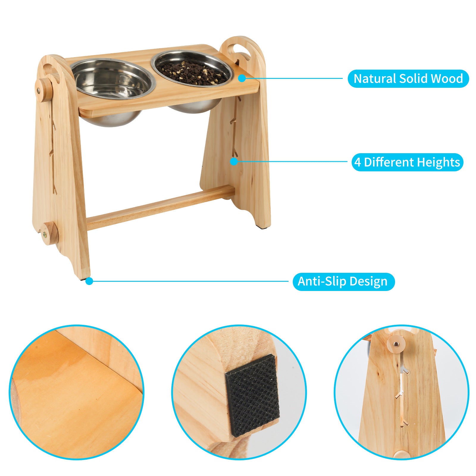 Elevated dog bowls made of solid wood and stainless steel, adjustable heights for medium to large dogs, promoting healthy eating.