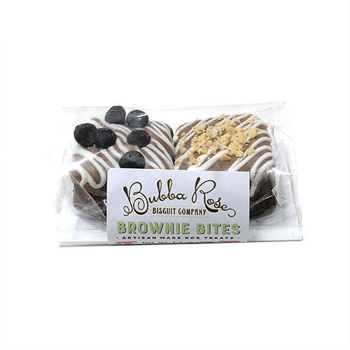 A box of Good Dog Brownie Bites featuring chewy carob and apple treats topped with carob chips and peanuts, perfect for dogs.