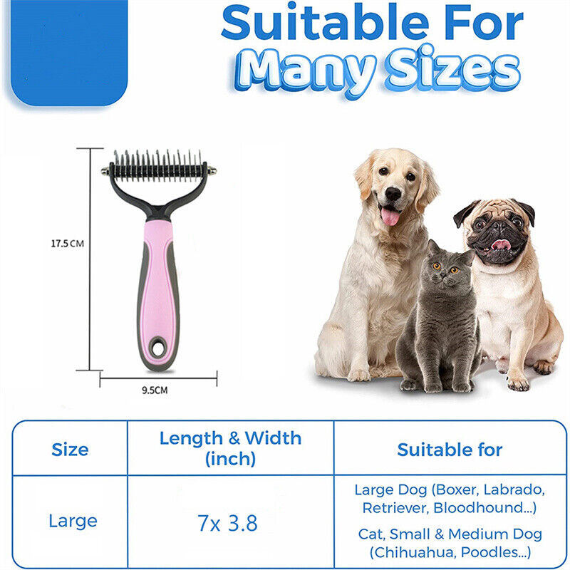 Grooming brush for dogs and cats featuring dual-sided design with 9 and 17 teeth for effective de-shedding and grooming.