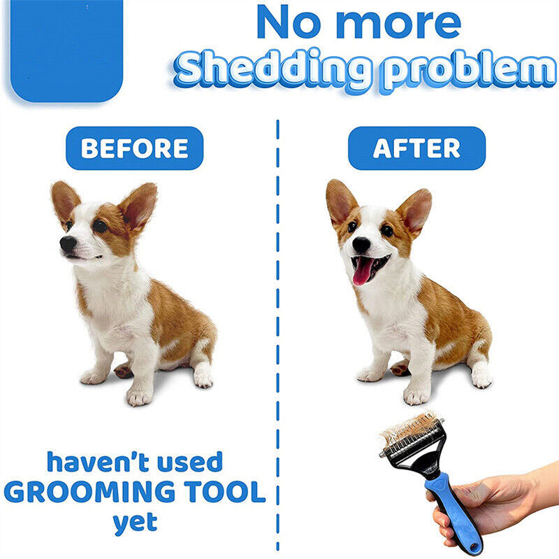 Grooming brush for dogs and cats featuring dual-sided design with 9 and 17 teeth for effective de-shedding and grooming.