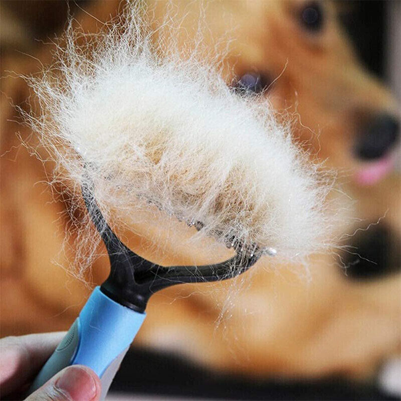 Grooming brush for dogs and cats featuring dual-sided design with 9 and 17 teeth for effective de-shedding and grooming.