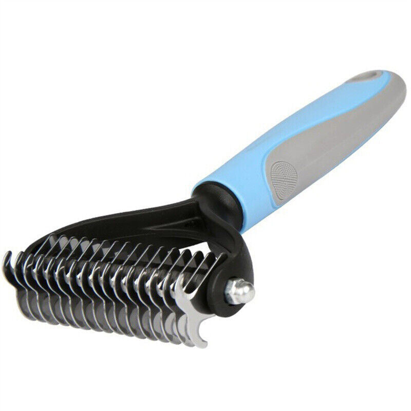 Grooming brush for dogs and cats featuring dual-sided design with 9 and 17 teeth for effective de-shedding and grooming.