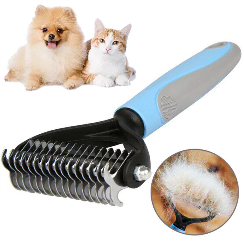 Grooming brush for dogs and cats featuring dual-sided design with 9 and 17 teeth for effective de-shedding and grooming.