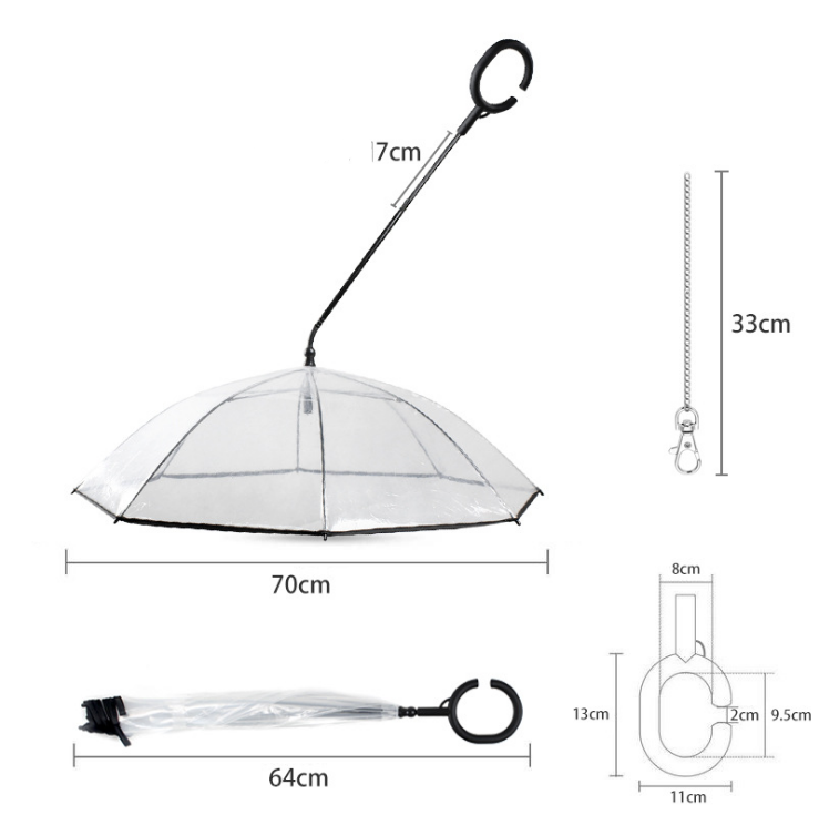 Adjustable transparent pet umbrella with ergonomic handle, designed for walking dogs in the rain.