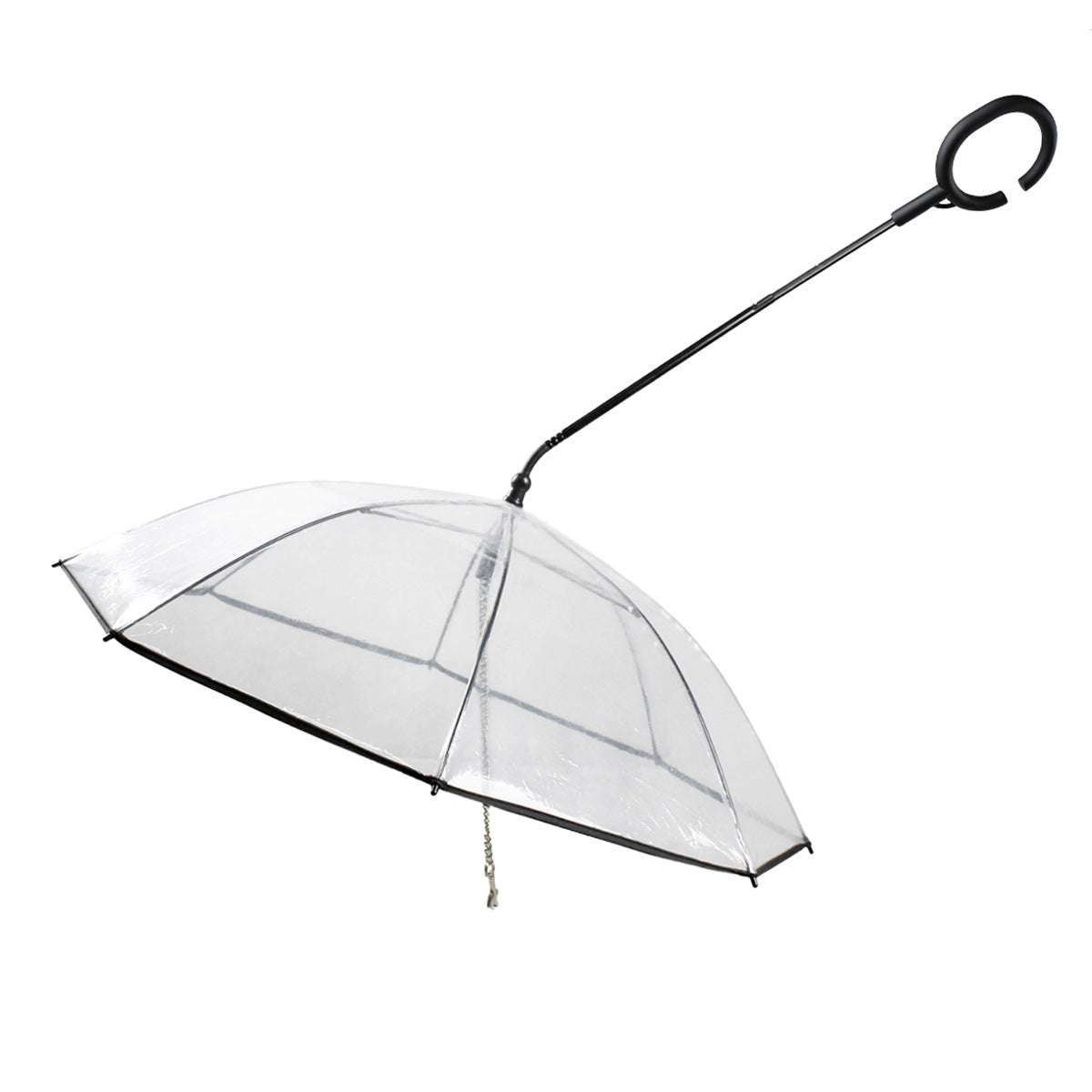 Adjustable transparent pet umbrella with ergonomic handle, designed for walking dogs in the rain.