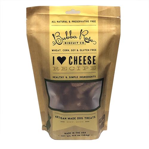 I Heart Cheese Biscuit Bag featuring artisan cheese-flavored dog treats in a resealable pouch, ideal for pet owners.