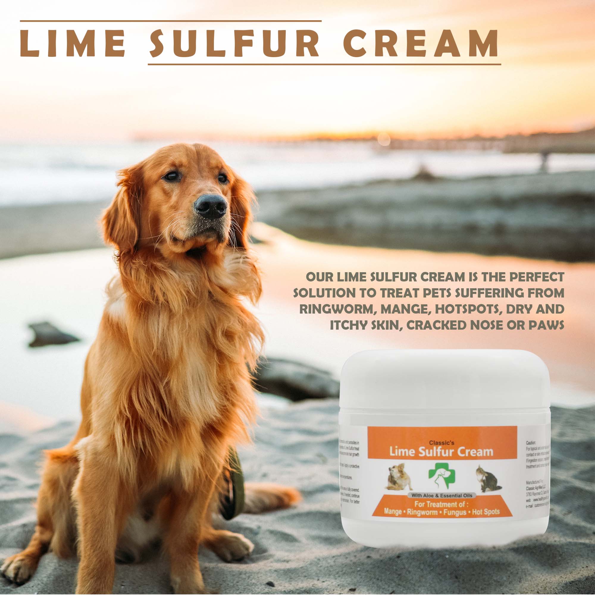 Lime Sulfur Pet Skin Cream and Spray for treating skin issues in pets, featuring a soothing formula for effective relief.