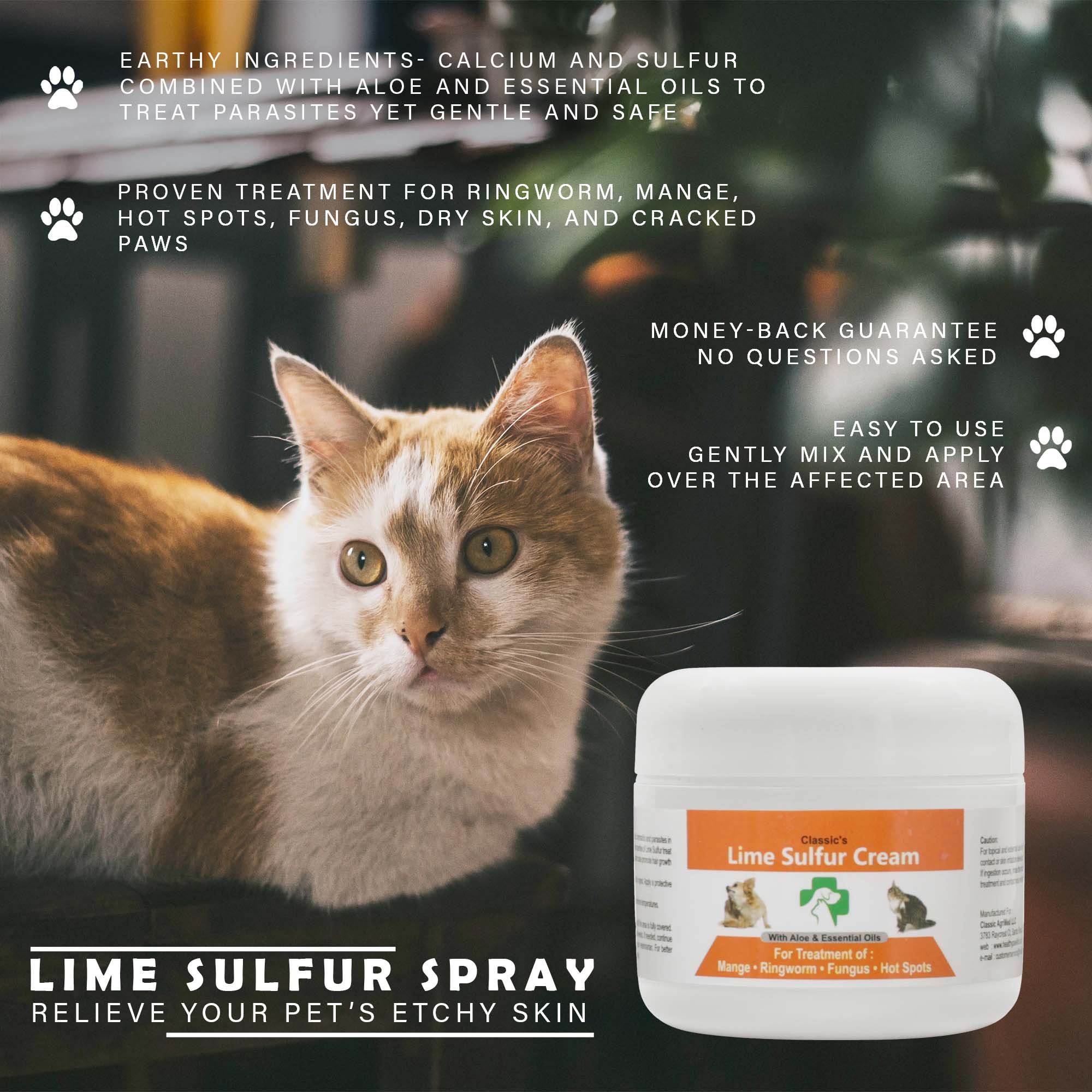 Lime Sulfur Pet Skin Cream in a tube, designed for treating various skin conditions in pets like dogs and cats.