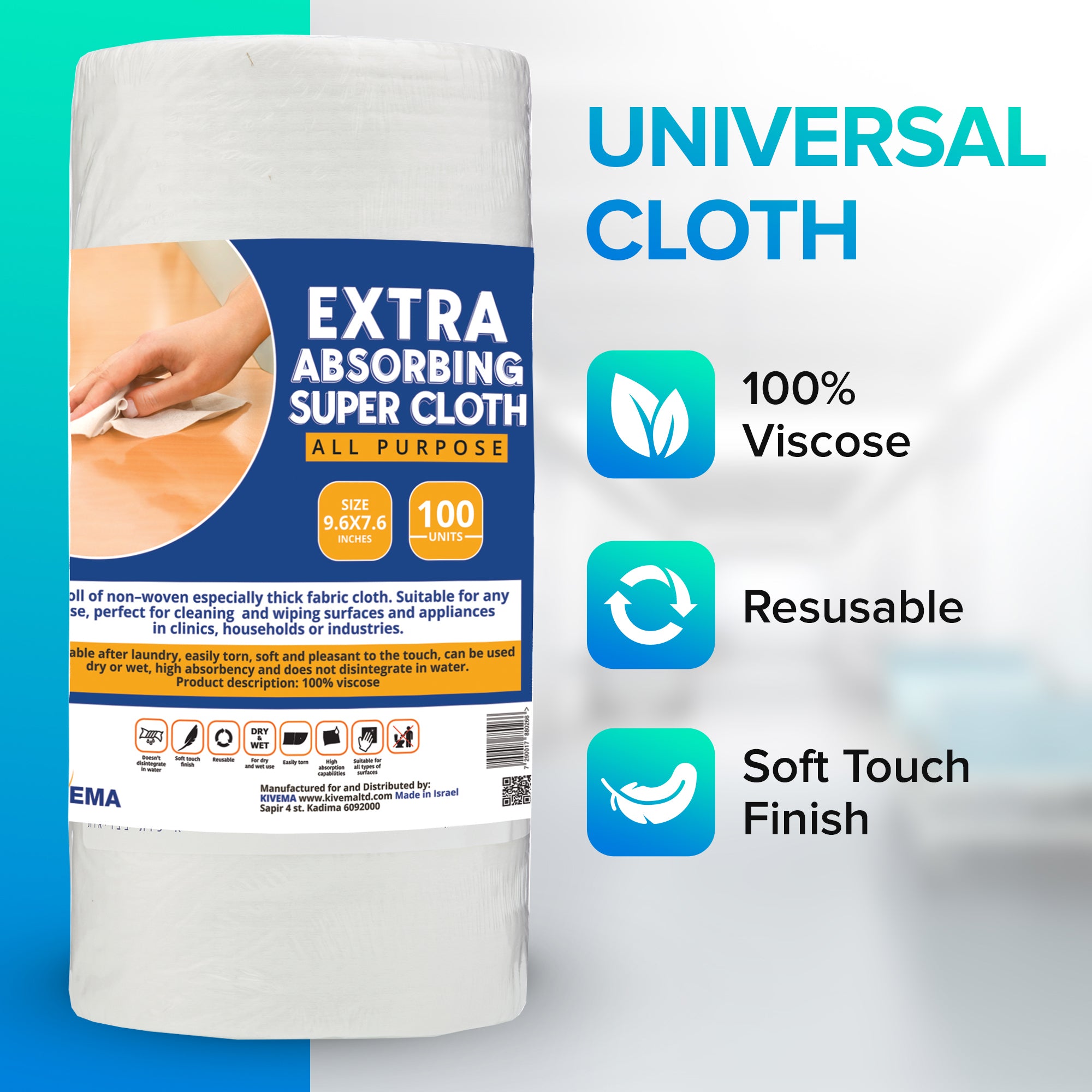 Kivema Multi-Purpose Cloth Roll displayed with vibrant colors, showcasing its absorbent texture and versatility for household cleaning.