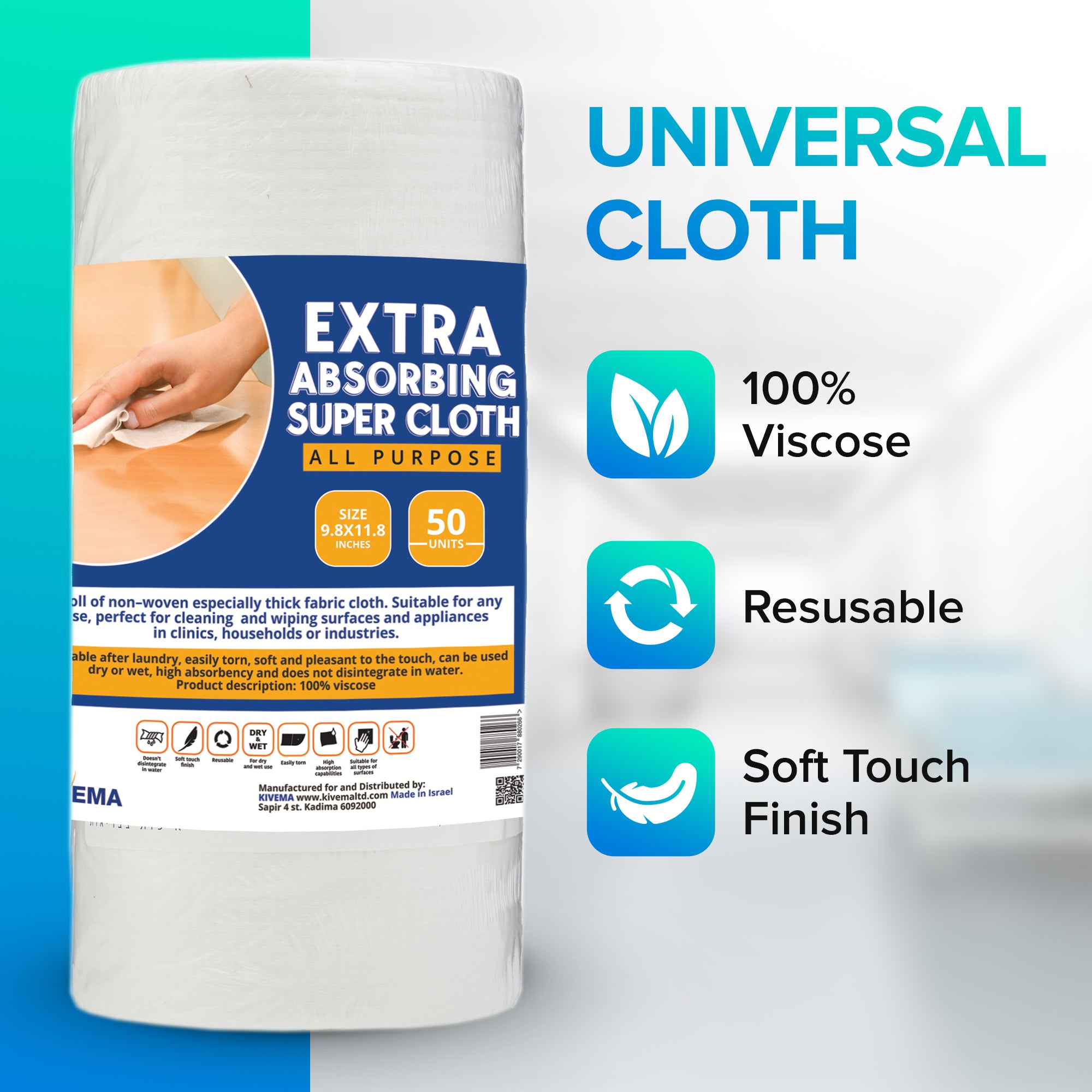 Kivema Multi-Purpose Cloth Roll displayed with vibrant colors, showcasing its absorbent texture and versatility for household cleaning.