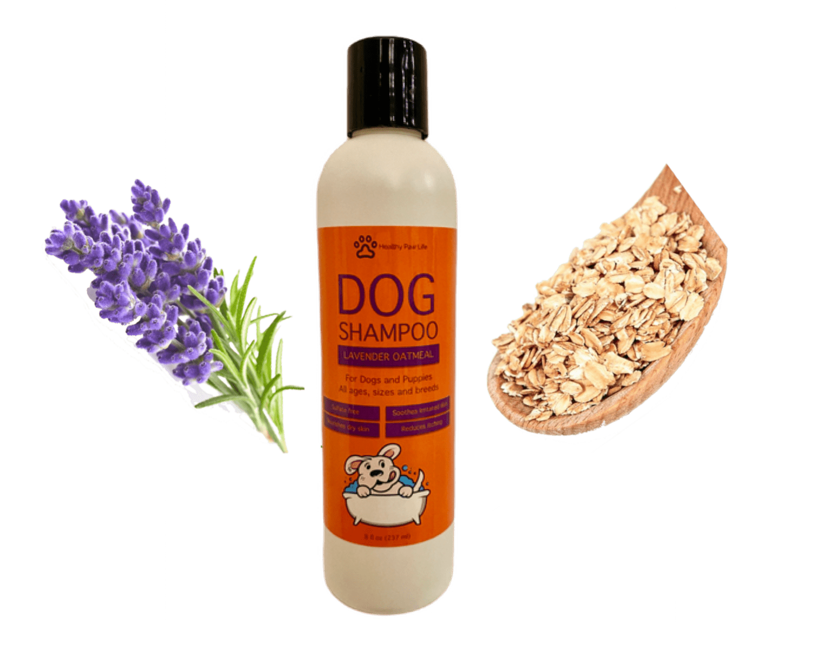 A bottle of Oatmeal Lavender Pet Shampoo featuring a soothing lavender scent and oatmeal for itch relief, designed for all dog breeds.