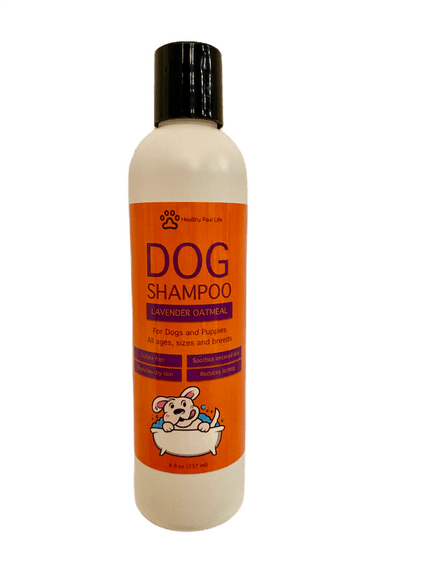 A bottle of Oatmeal Lavender Pet Shampoo featuring a soothing lavender scent and oatmeal for itch relief, designed for all dog breeds.