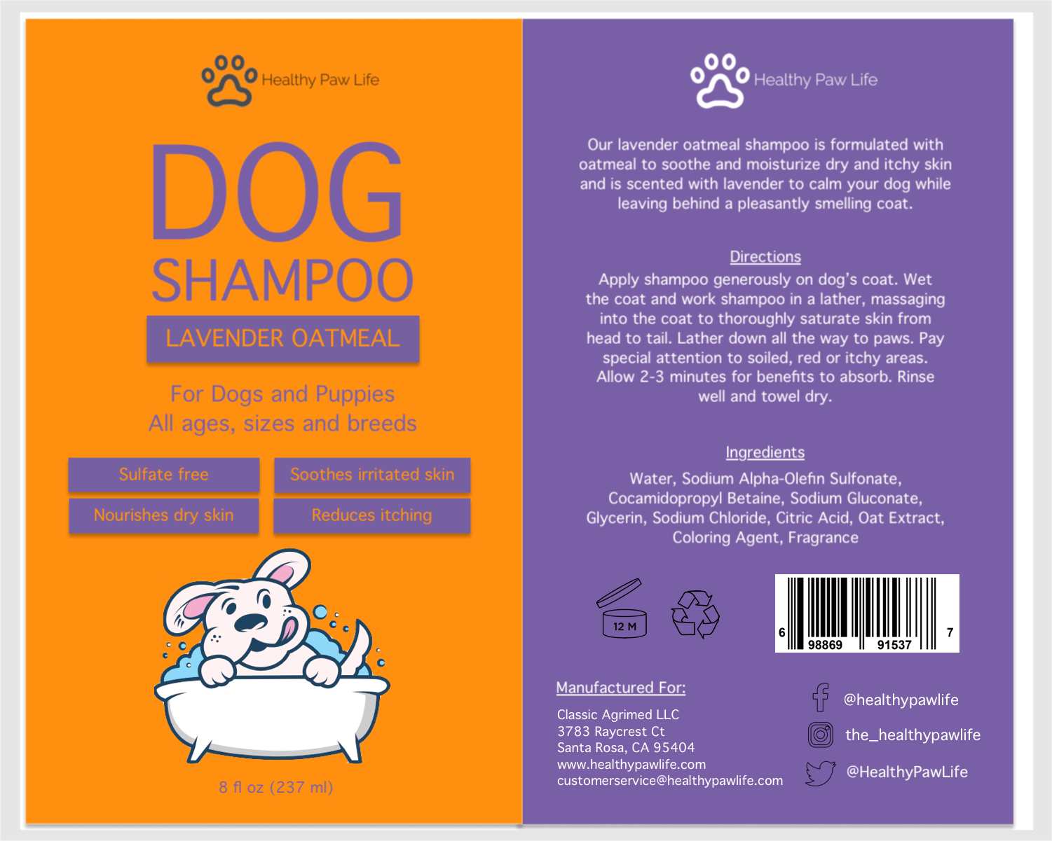 A bottle of Oatmeal Lavender Pet Shampoo featuring a soothing lavender scent and oatmeal for itch relief, designed for all dog breeds.