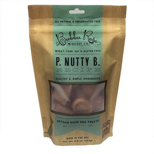 P. Nutty B. Biscuit Bag featuring peanut butter flavored artisan dog treats, resealable zipper, and vibrant packaging.