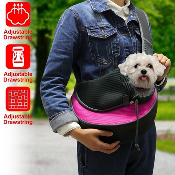 A stylish pet carrier sling for small dogs and cats, featuring a padded adjustable strap and a breathable mesh design in various colors.