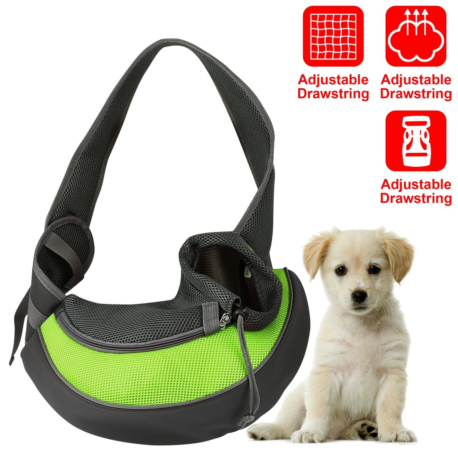 A stylish pet carrier sling for small dogs and cats, featuring a padded adjustable strap and a breathable mesh design in various colors.