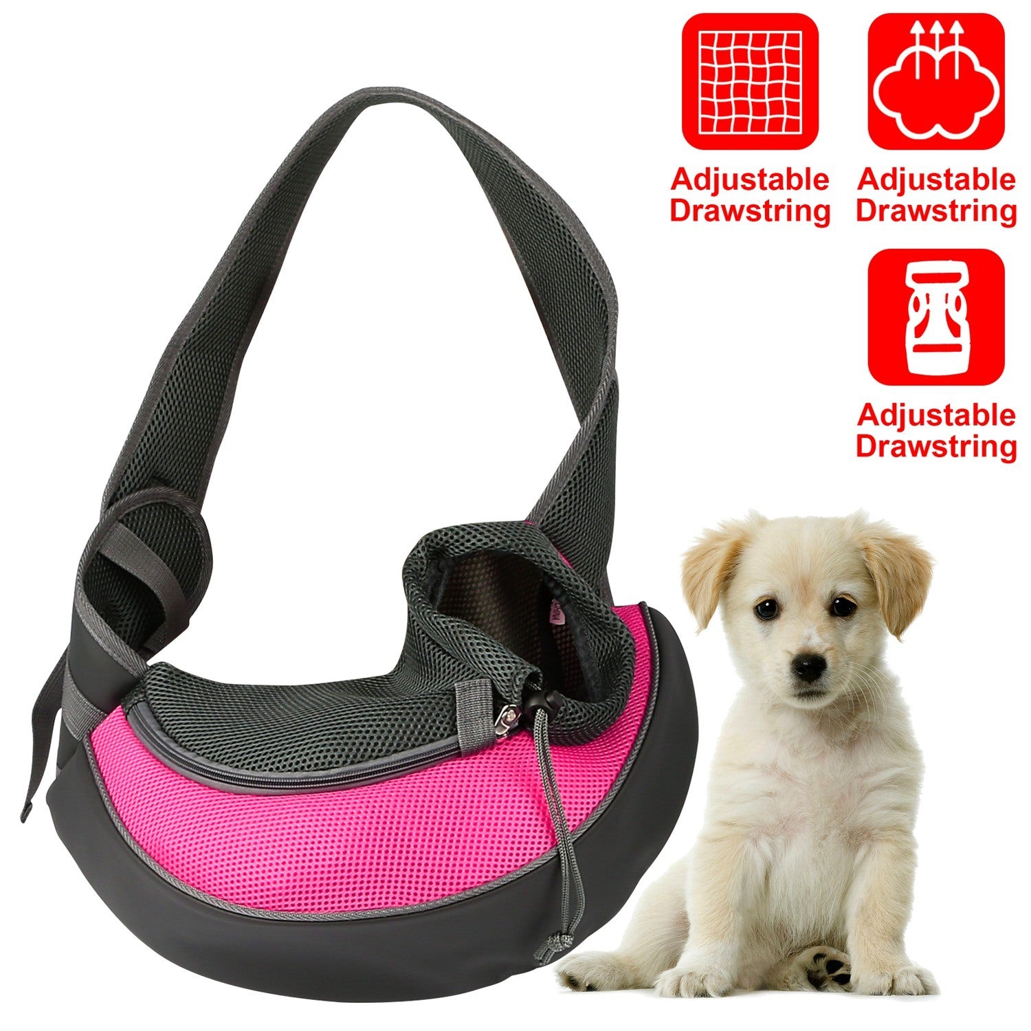 A stylish pet carrier sling for small dogs and cats, featuring a padded adjustable strap and a breathable mesh design in various colors.