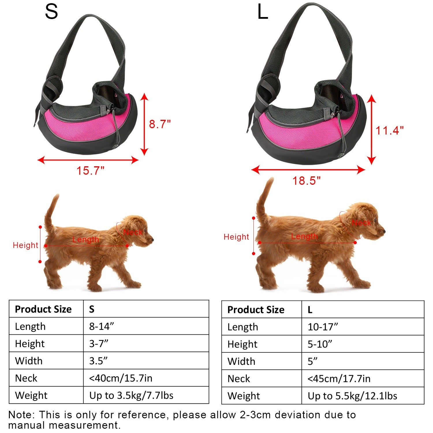 A stylish pet carrier sling for small dogs and cats, featuring a padded adjustable strap and a breathable mesh design in various colors.