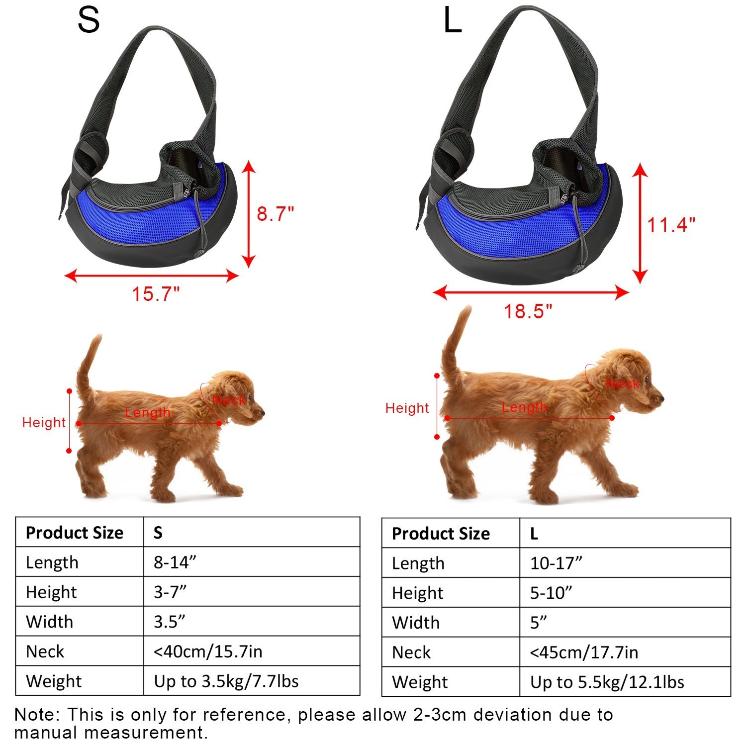 A stylish pet carrier sling for small dogs and cats, featuring a padded adjustable strap and a breathable mesh design in various colors.