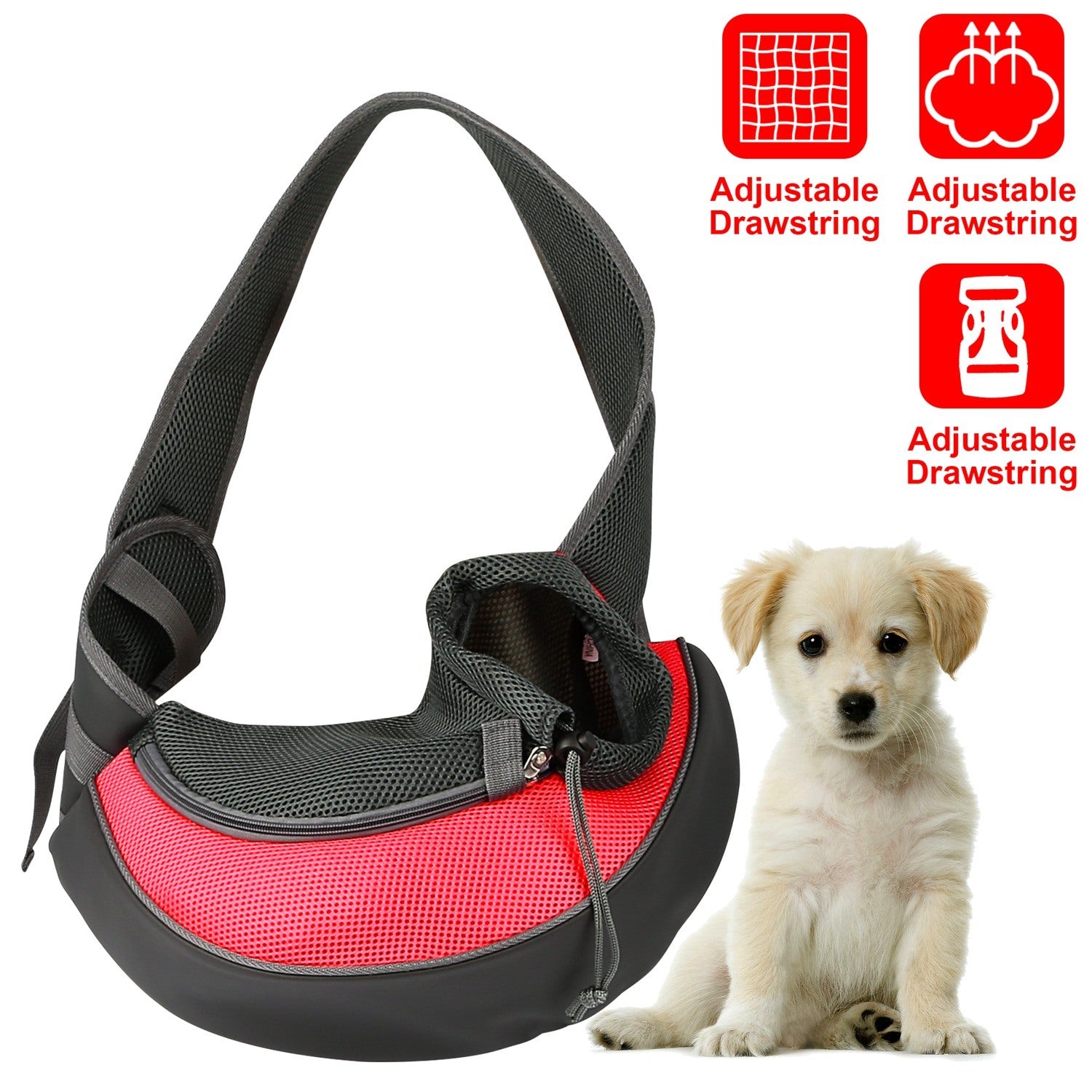 A stylish pet carrier sling for small dogs and cats, featuring a padded adjustable strap and a breathable mesh design in various colors.