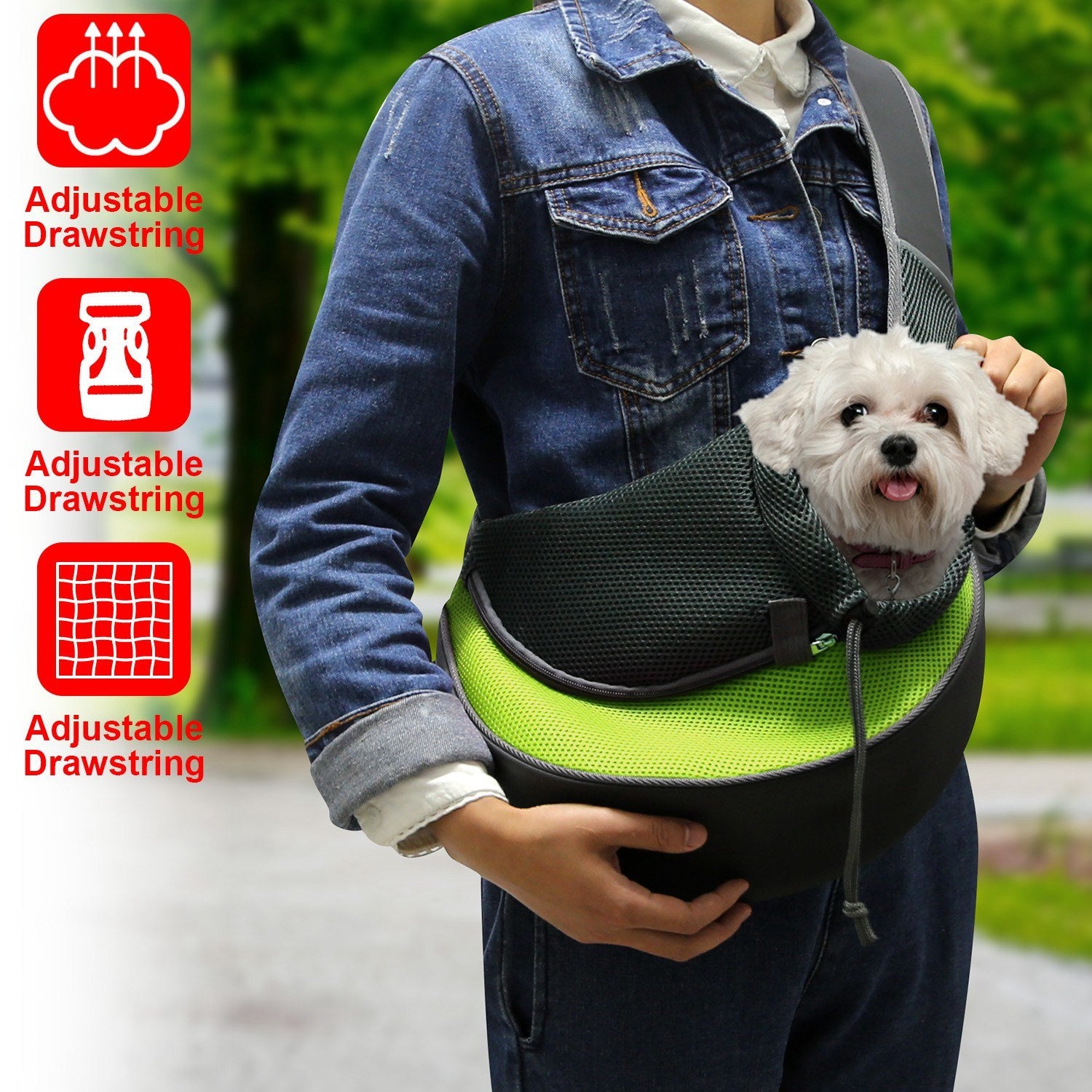 A stylish pet carrier sling for small dogs and cats, featuring a padded adjustable strap and a breathable mesh design in various colors.