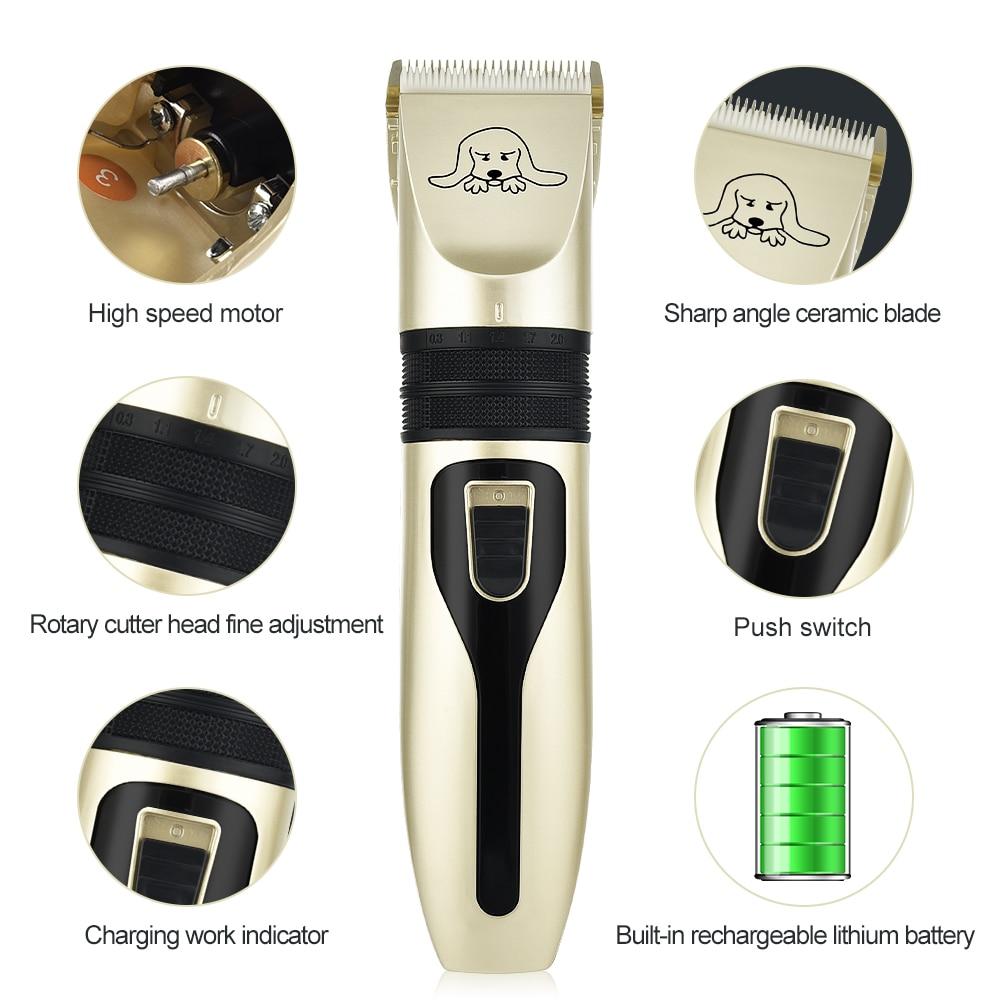 Pet Hair Clipper Set featuring a sleek black and gold design, includes detachable ceramic blades and multiple comb guides for versatile grooming.