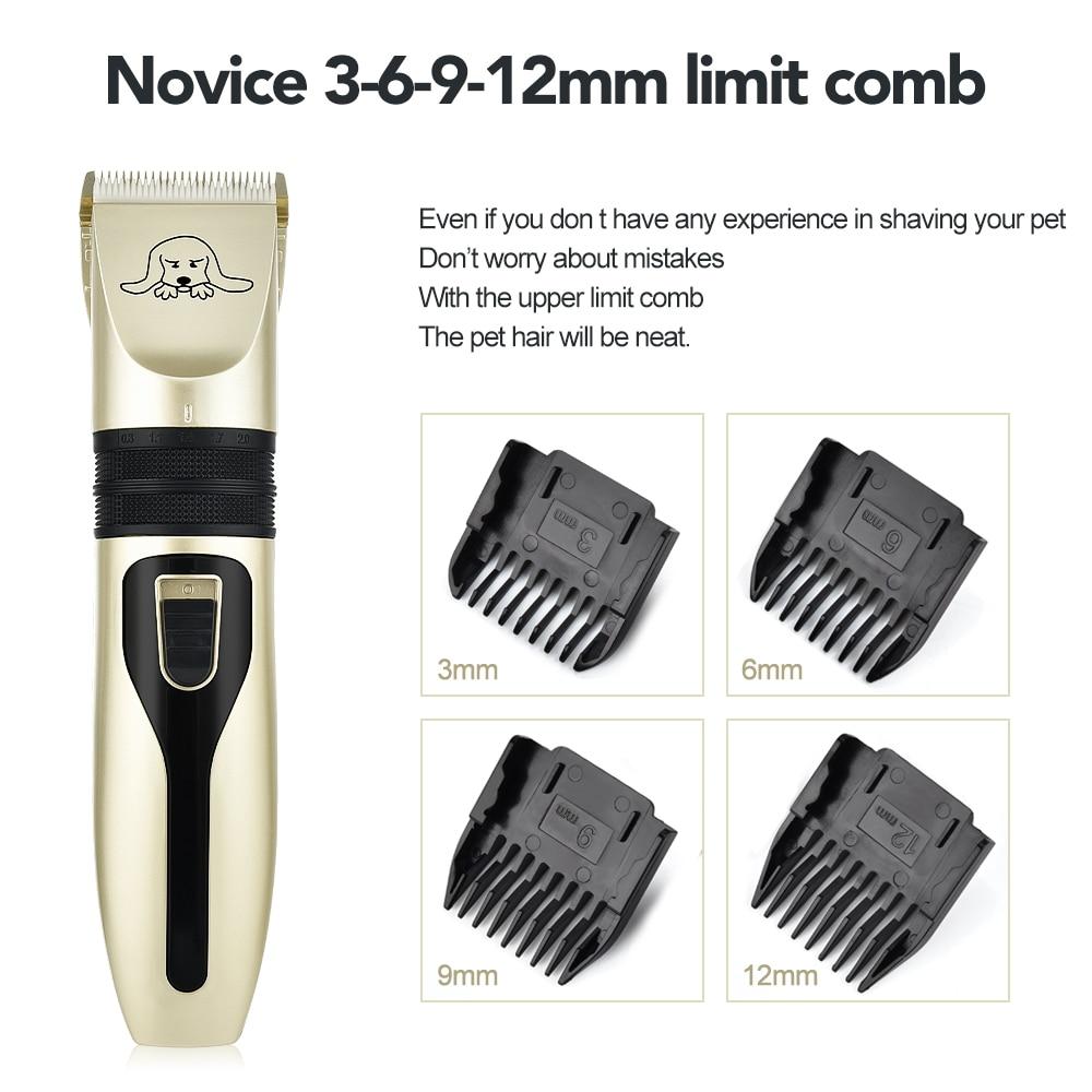 Pet Hair Clipper Set featuring a sleek black and gold design, includes detachable ceramic blades and multiple comb guides for versatile grooming.