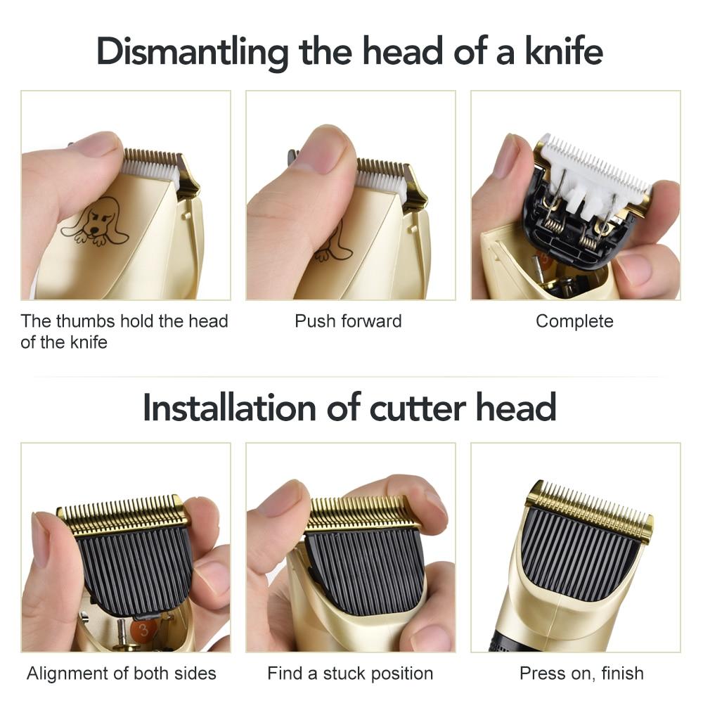 Pet Hair Clipper Set featuring a sleek black and gold design, includes detachable ceramic blades and multiple comb guides for versatile grooming.