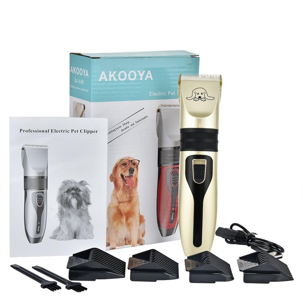 Pet Hair Clipper Set featuring a sleek black and gold design, includes detachable ceramic blades and multiple comb guides for versatile grooming.