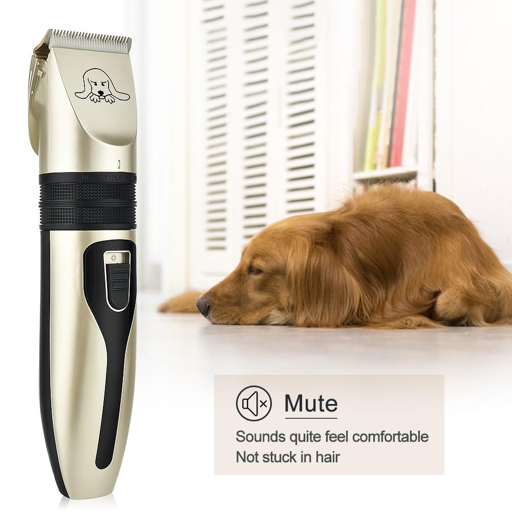 Pet Hair Clipper Set featuring a sleek black and gold design, includes detachable ceramic blades and multiple comb guides for versatile grooming.