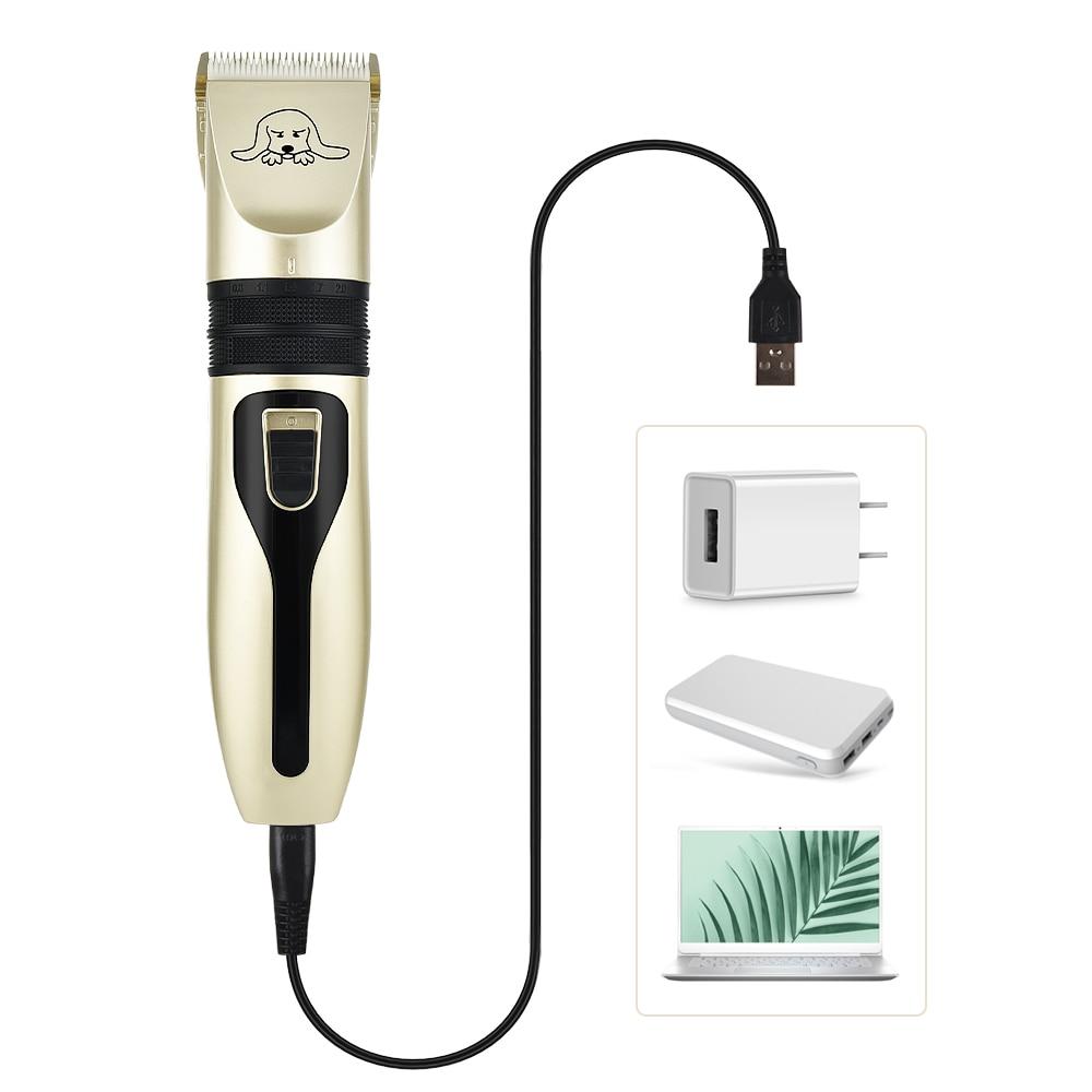 Pet Hair Clipper Set featuring a sleek black and gold design, includes detachable ceramic blades and multiple comb guides for versatile grooming.