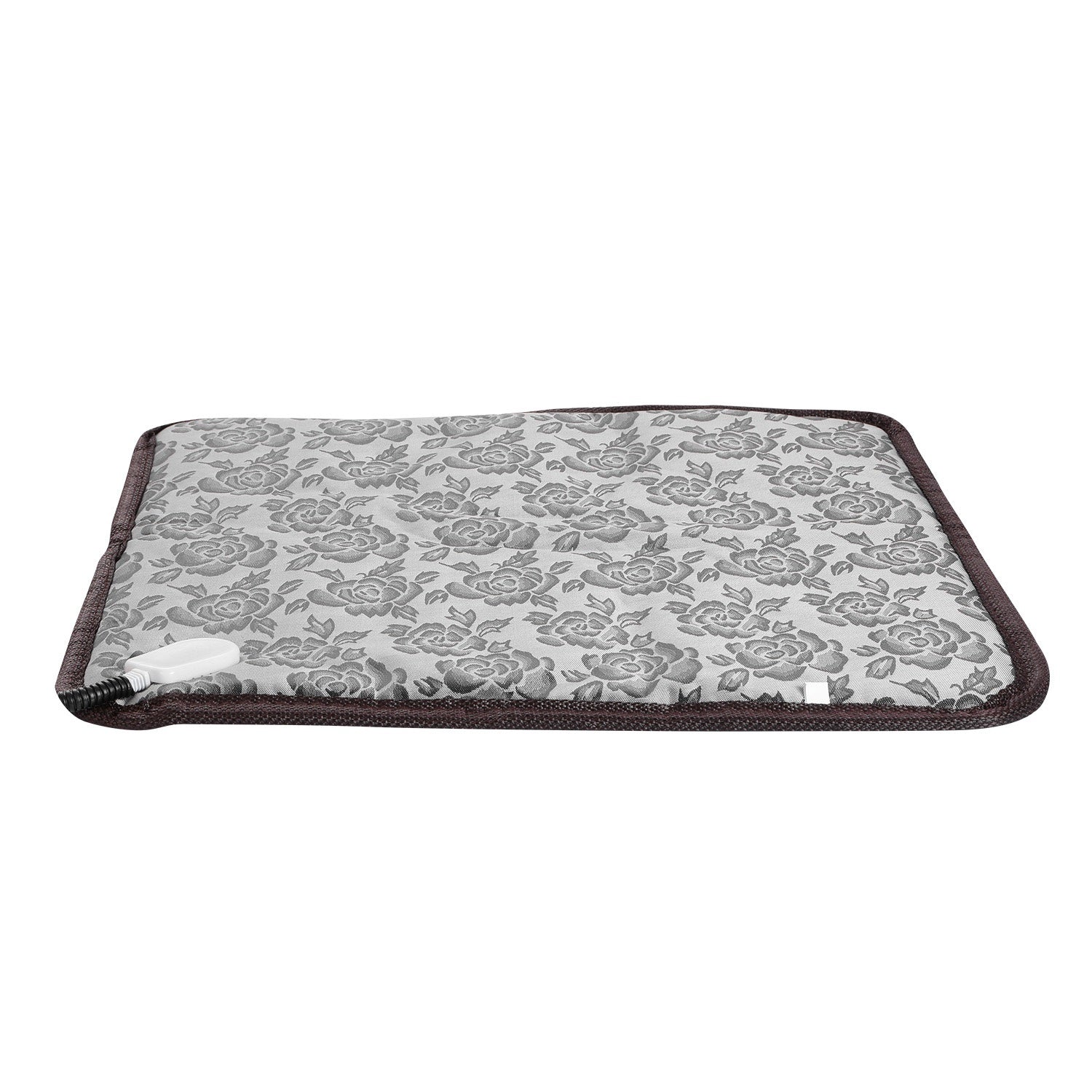 A gray electric pet heating pad designed for dogs and cats, featuring waterproof material and adjustable temperature settings.