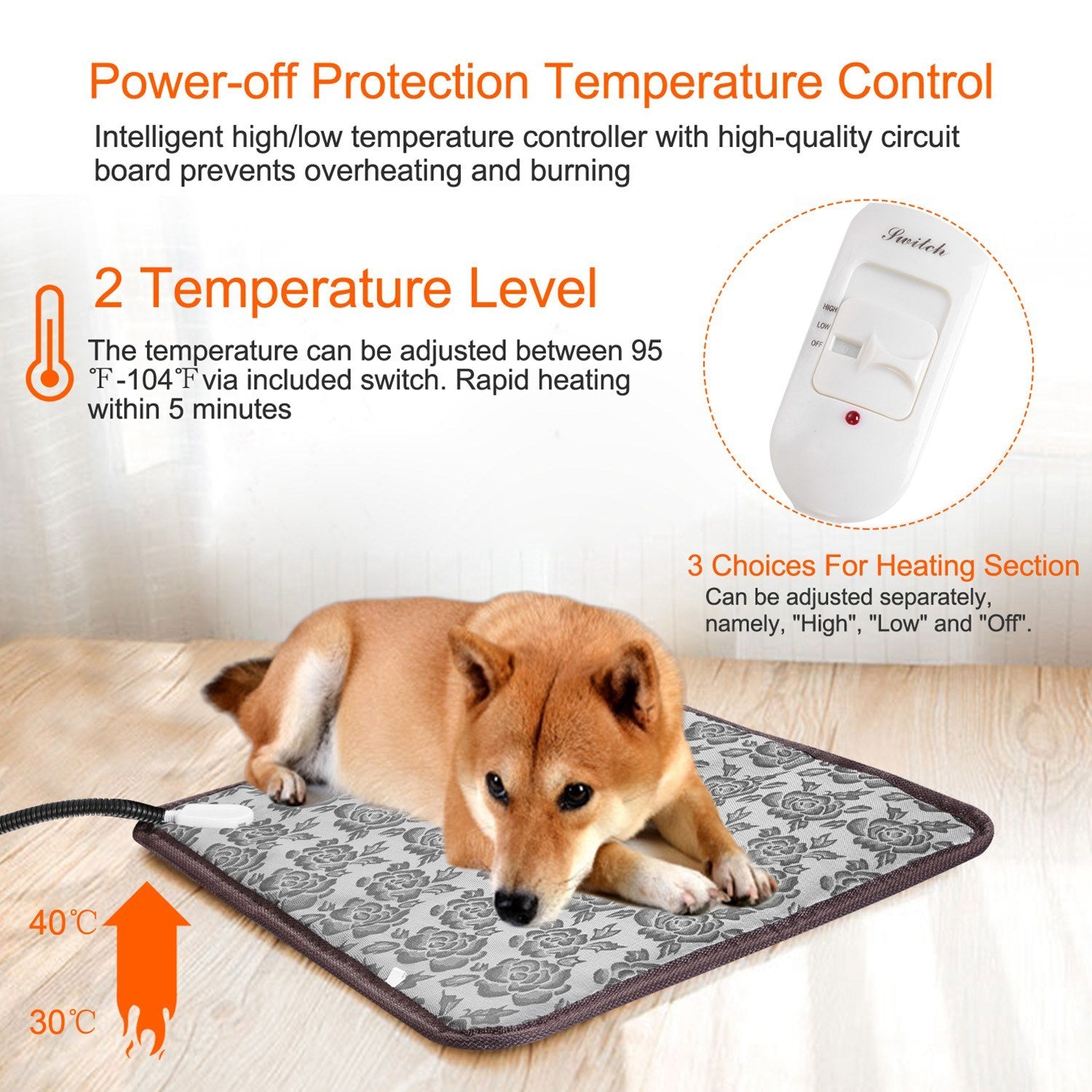 A gray electric pet heating pad designed for dogs and cats, featuring waterproof material and adjustable temperature settings.