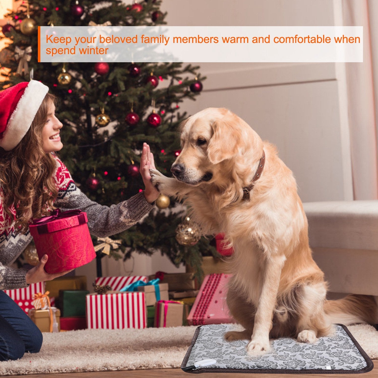 A gray electric pet heating pad designed for dogs and cats, featuring waterproof material and adjustable temperature settings.