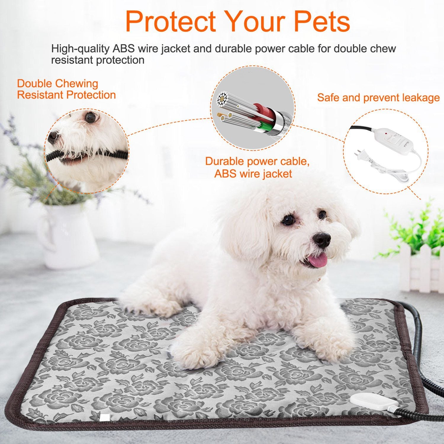 A gray electric pet heating pad designed for dogs and cats, featuring waterproof material and adjustable temperature settings.