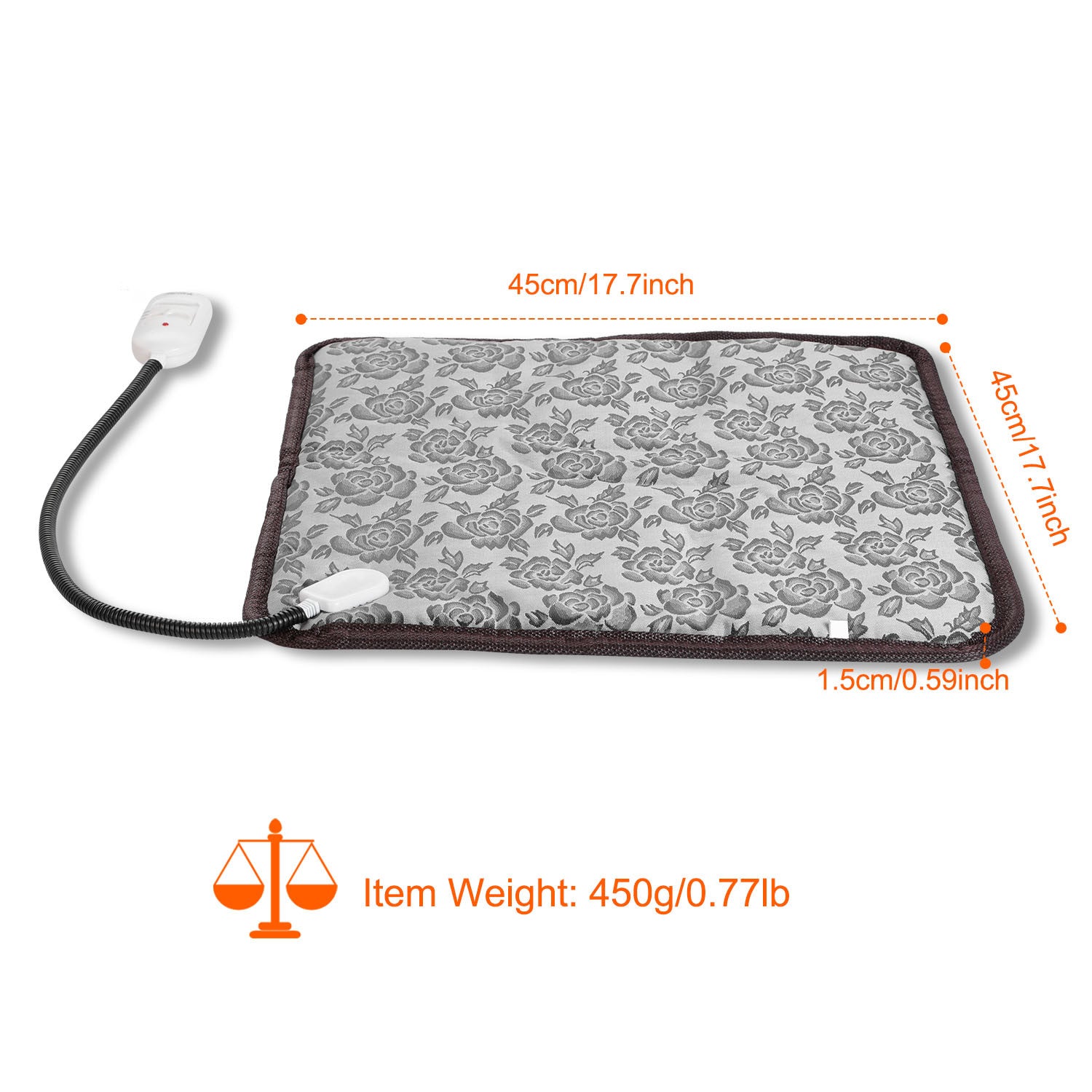 A gray electric pet heating pad designed for dogs and cats, featuring waterproof material and adjustable temperature settings.