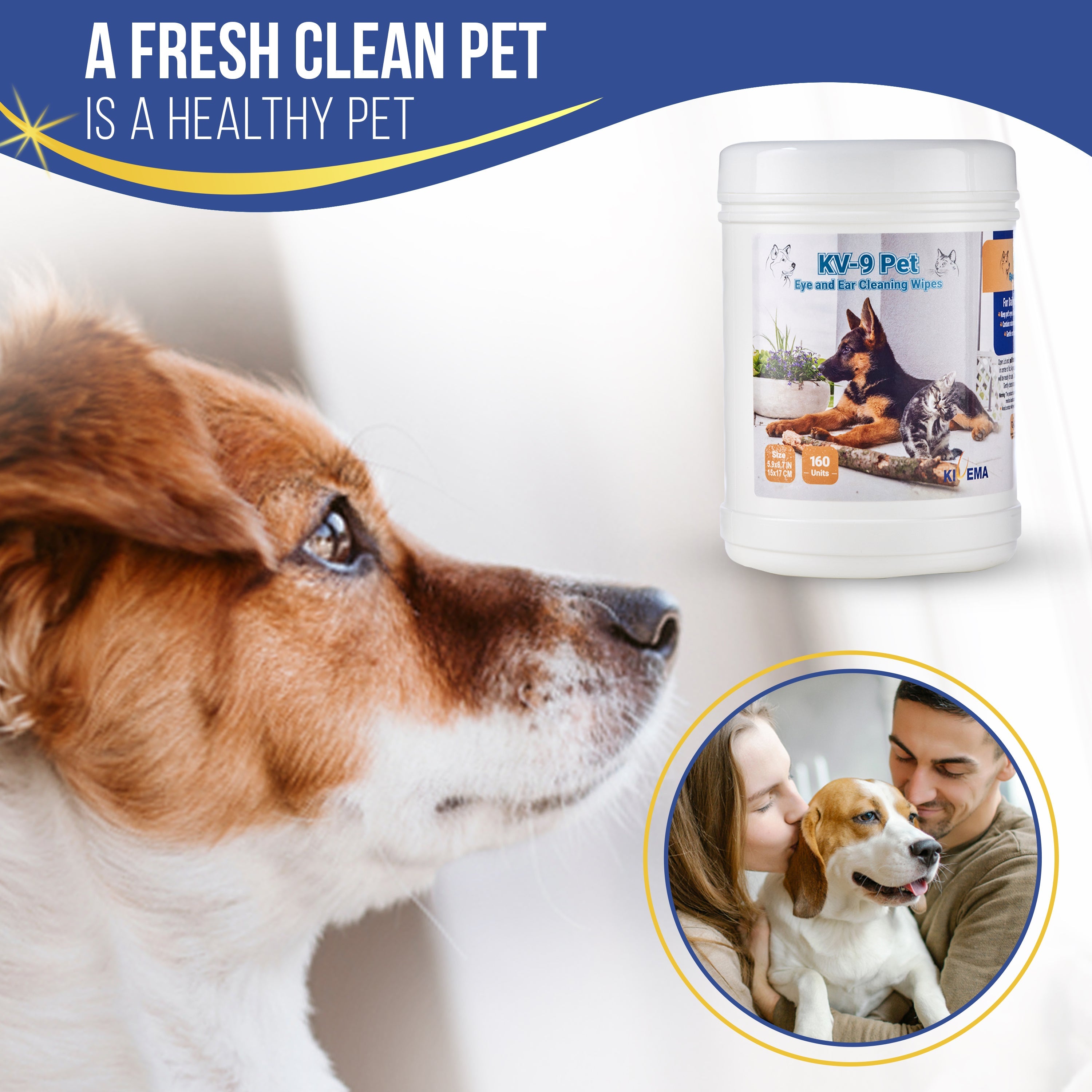 KIVEMA Pet Hygiene Wipes in a package, designed for cleaning pets' eyes, ears, and face with natural ingredients.