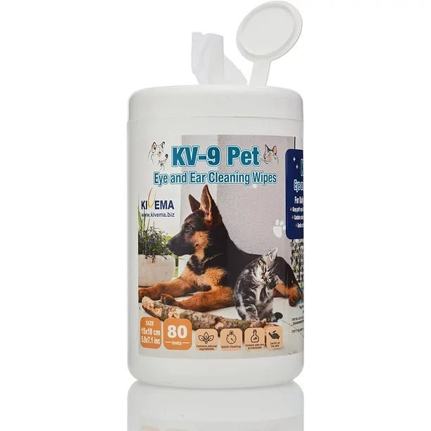 KIVEMA Pet Hygiene Wipes in a package, designed for cleaning pets' eyes, ears, and face with natural ingredients.