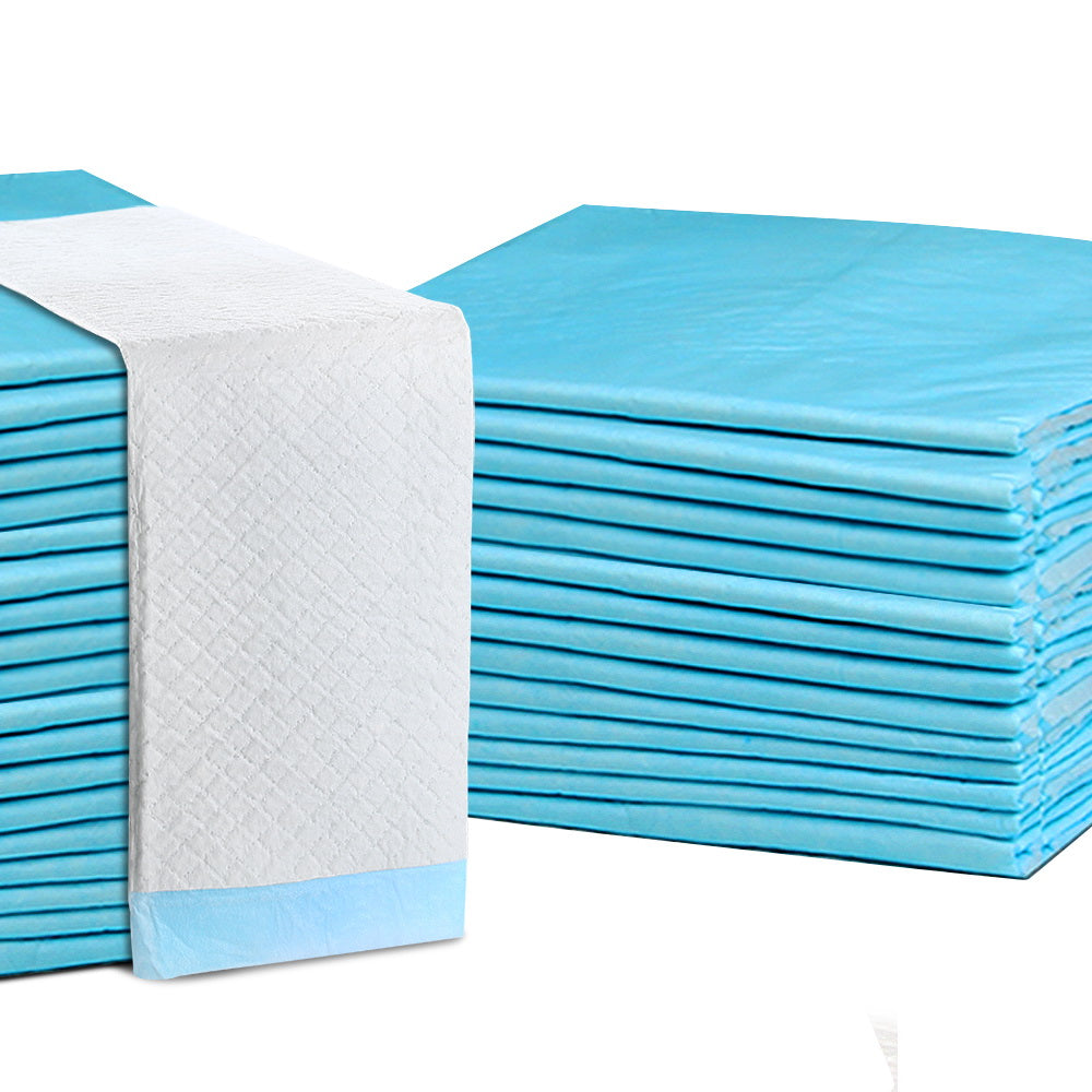 A pack of 200 iPet Pet Training Pads, featuring a blue color and five-layer construction for maximum absorption and leakproof protection.