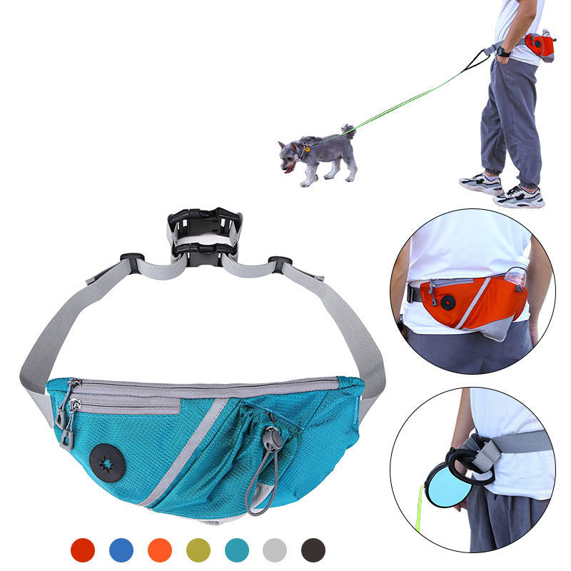 Portable Pet Dog Training Bag in various colors, featuring a double buckle design for hands-free convenience.