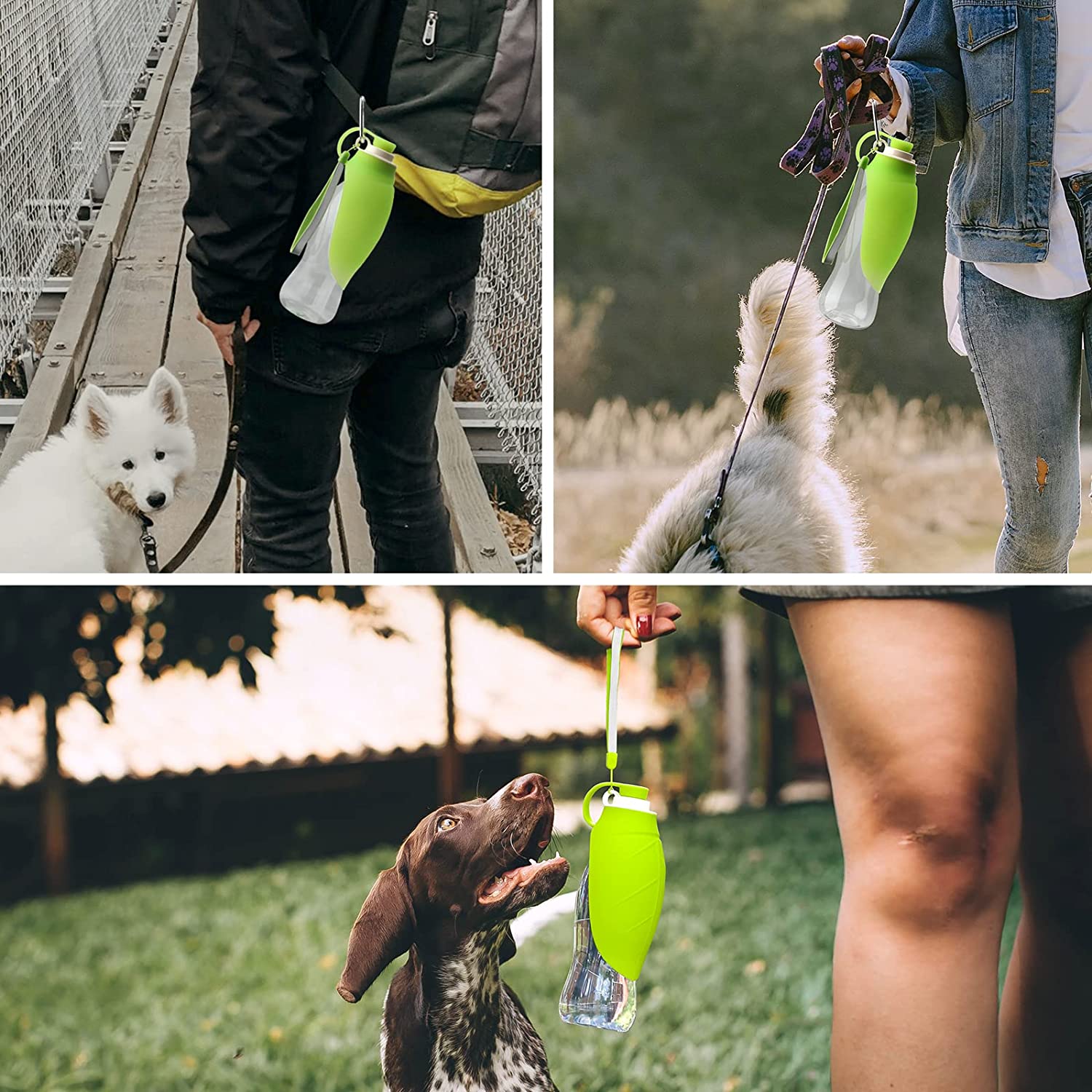 Portable Pet Water Dispenser Feeder in various colors, showcasing its flip cup design and lightweight structure.