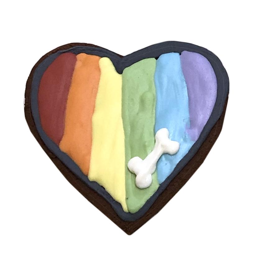 A colorful Pride Heart treat shaped like a heart, made with peanut butter and topped with yogurt coating, perfect for dogs.