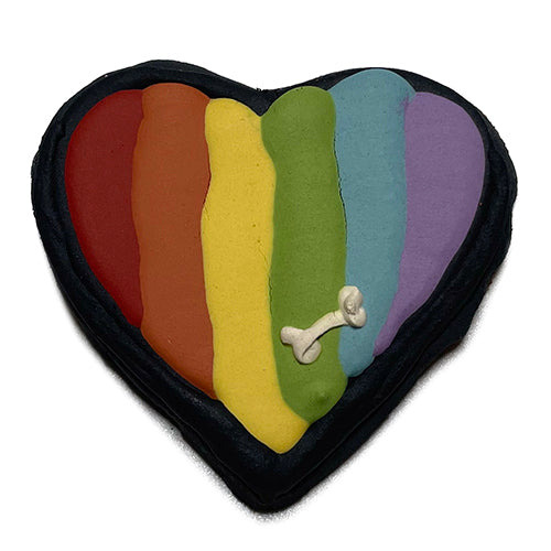 A colorful Pride Heart treat shaped like a heart, made with peanut butter and topped with yogurt coating, perfect for dogs.