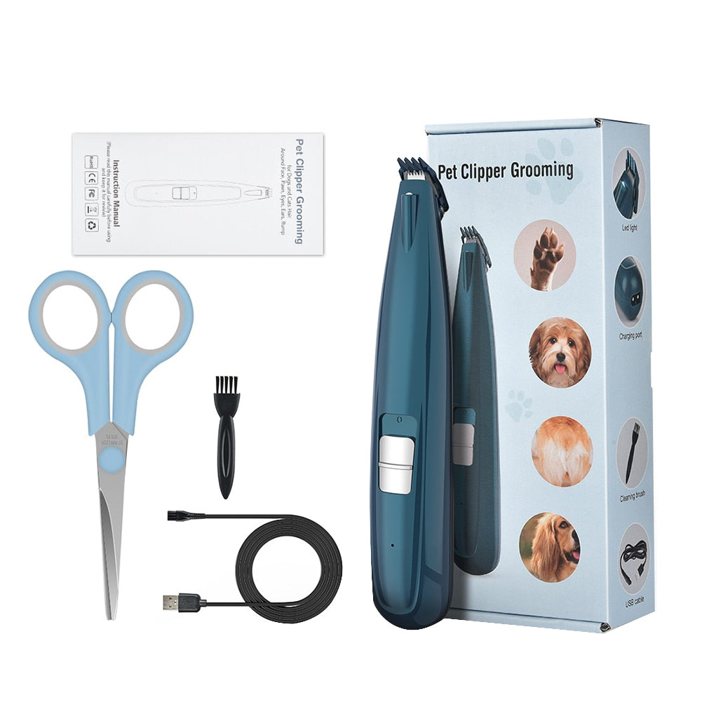 Professional Pet Dog Hair Trimmer with LED light and R-shaped cutter head for safe grooming.