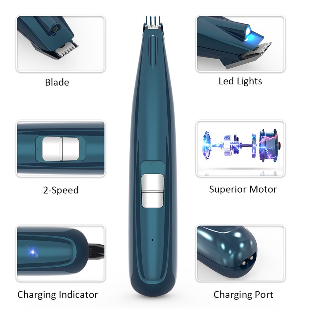 Professional Pet Dog Hair Trimmer with LED light and R-shaped cutter head for safe grooming.